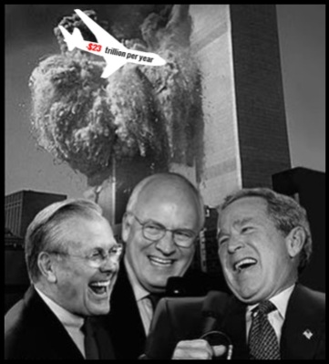 Liar thief and murderer Twin Towers Rumsfeld Cheney Dubya BW (2)